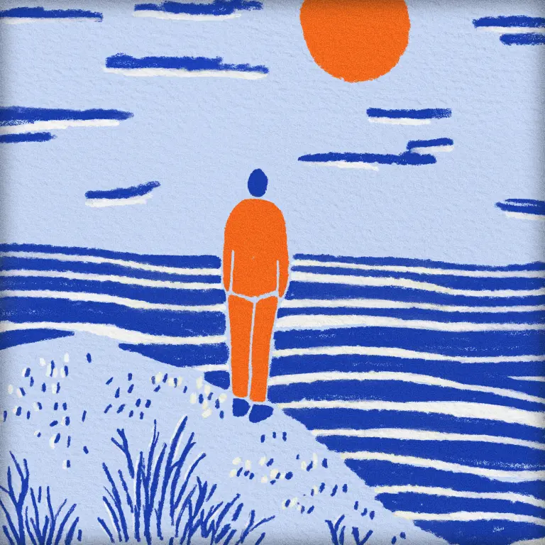 An orange figure looking across a blue landscape.