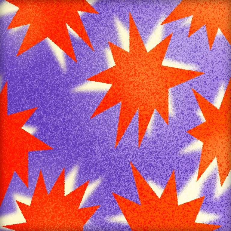 Orange starbursts on a textured purple background.
