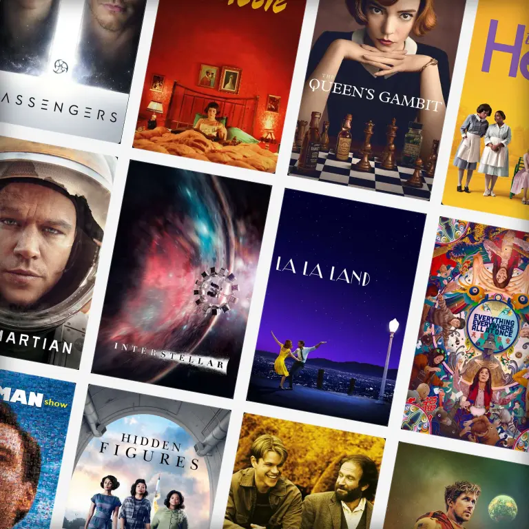 A tilted grid of film and television posters.