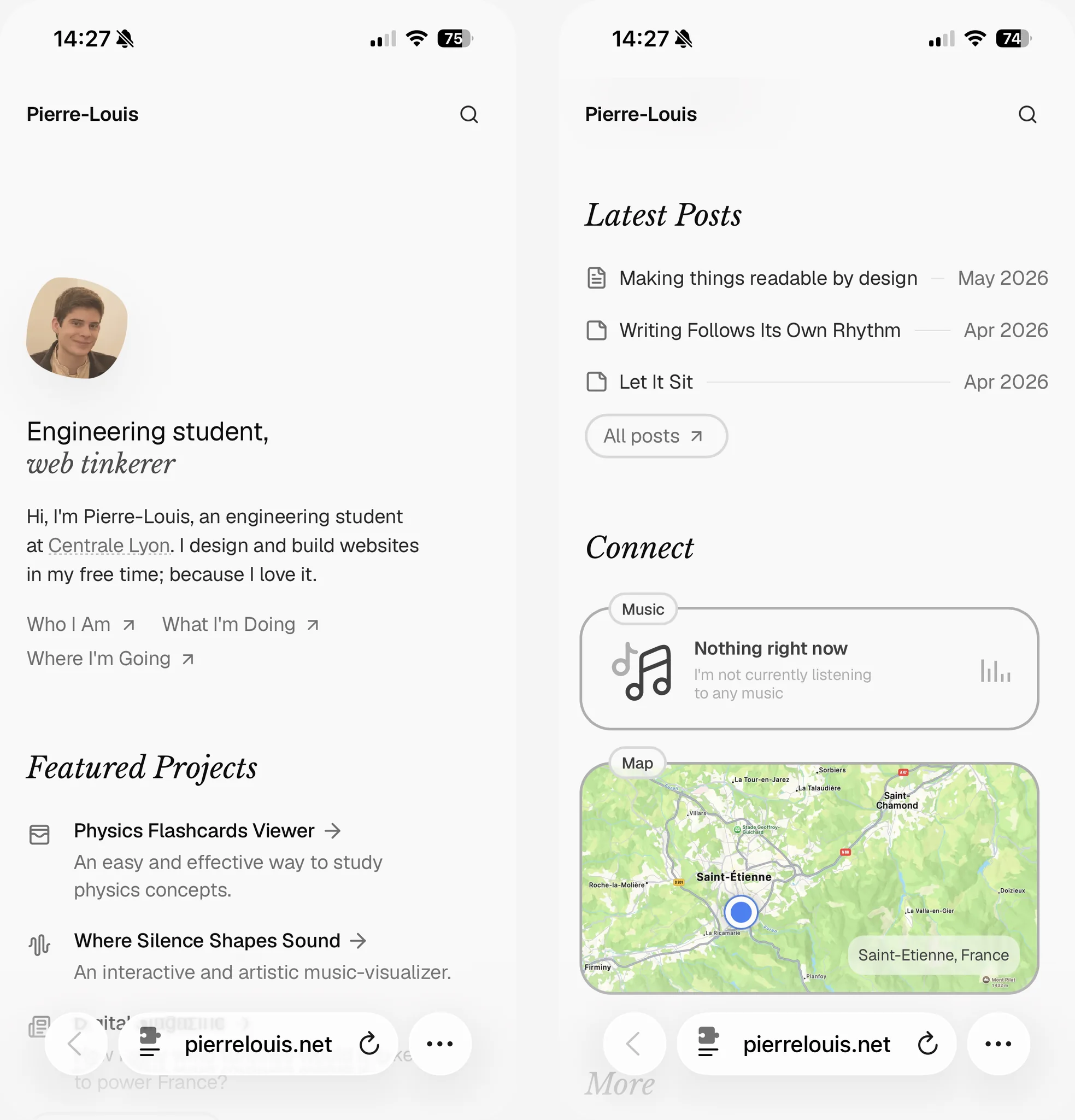 Mobile views of the old portfolio